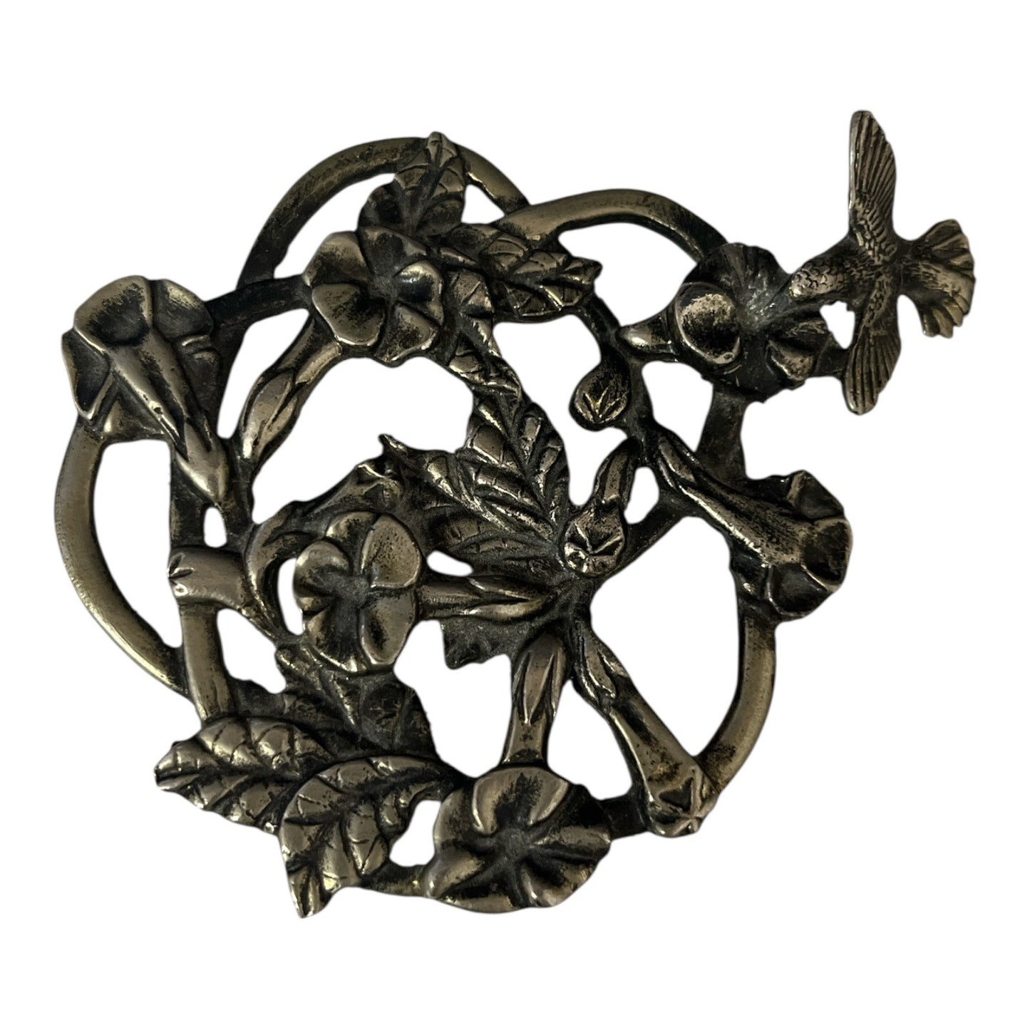 Vtg Metzke Solid Brass Trivet – Signed 1986, Hummingbird & Morning Glory Design, 3" x 4" Nature Wall Art