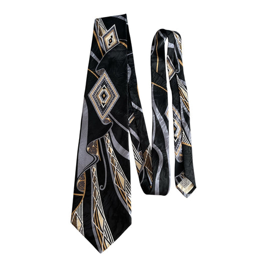 Alexander Lloyd Men’s Silk Tie – Geometric Diamond Pattern – Black, Gold, Gray – Made in USA