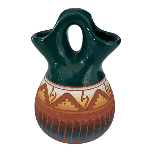Signed E. Etsitty (Diné) Native American Wedding Vase – Hand-Painted Southwest Pottery – Green Terracotta Geometric