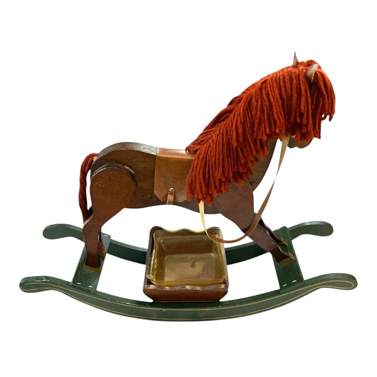 Vintage Handmade Wooden Rocking Horse Candy Dish / Planter – Yarn Mane & Tail – Made in Taiwan