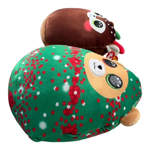 Ty Squishy Beanies Minx Reindeer Everett Christmas Bear 10" Plush Lot 2