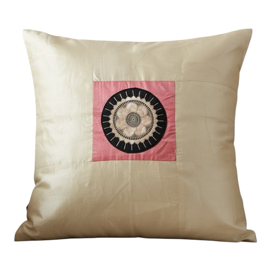 Set of 2 Boho Silk Throw Pillow Covers 16.5” Beige Patchwork Embroidered Mandala Design