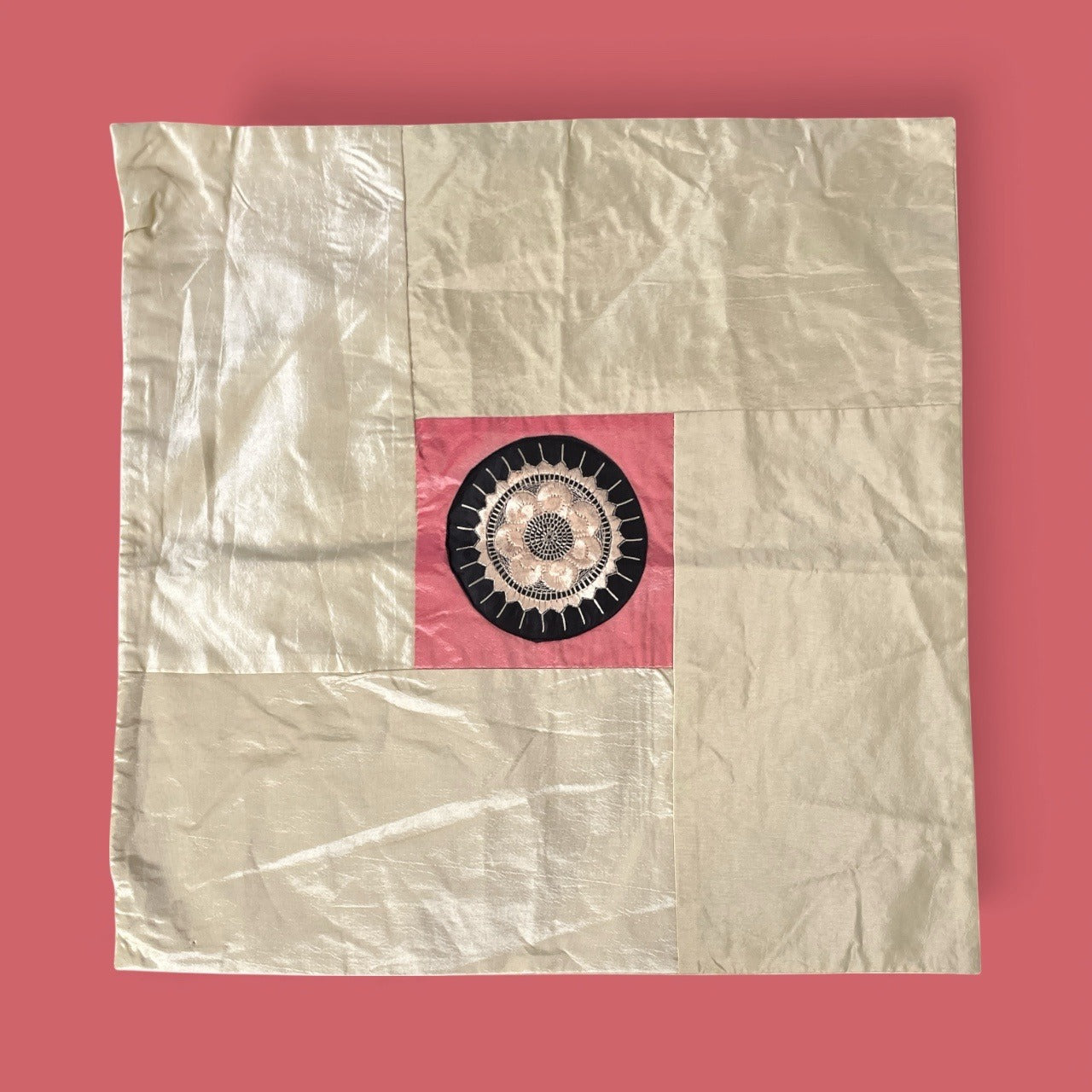 Set of 2 Boho Silk Throw Pillow Covers 16.5” Beige Patchwork Embroidered Mandala Design