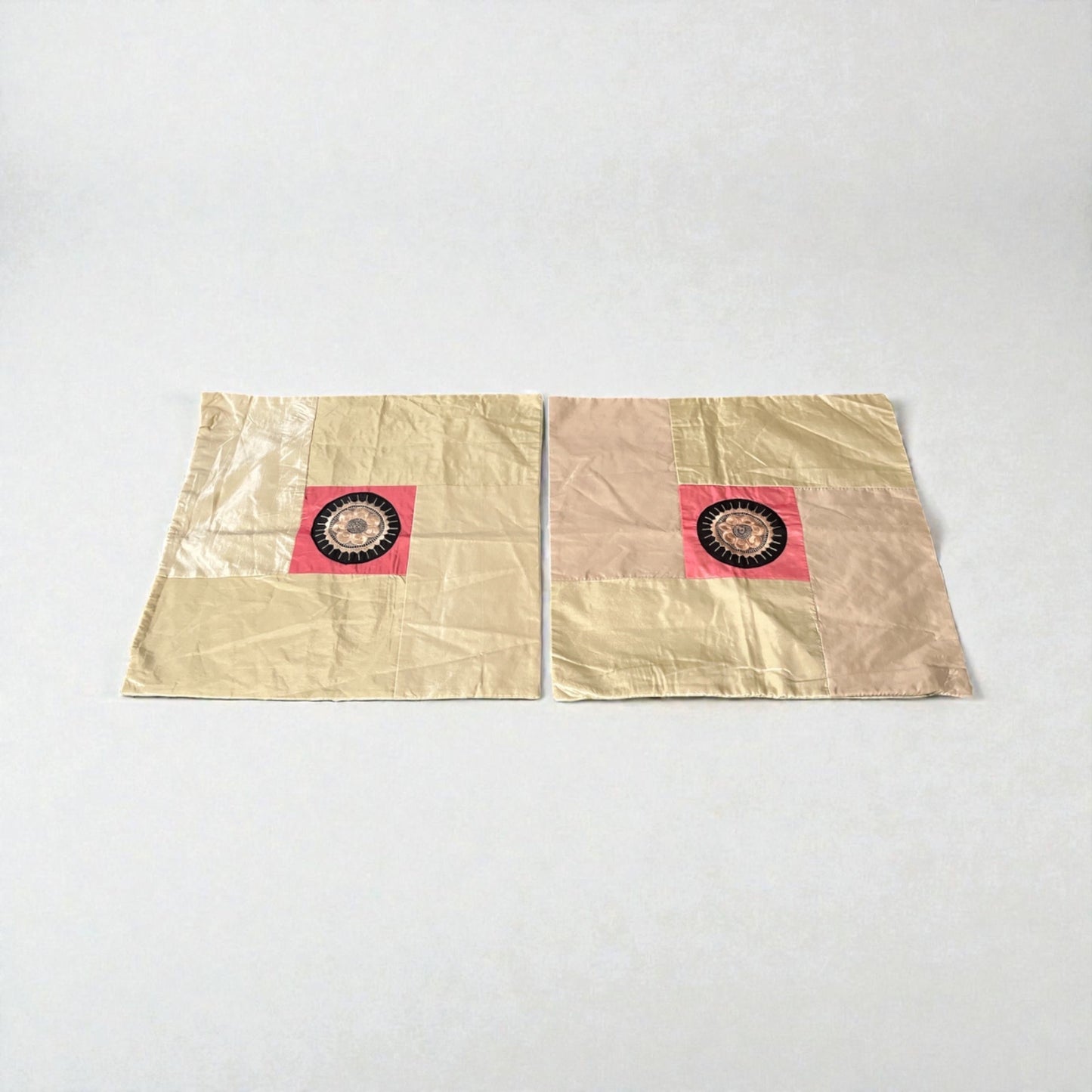 Set of 2 Boho Silk Throw Pillow Covers 16.5” Beige Patchwork Embroidered Mandala Design