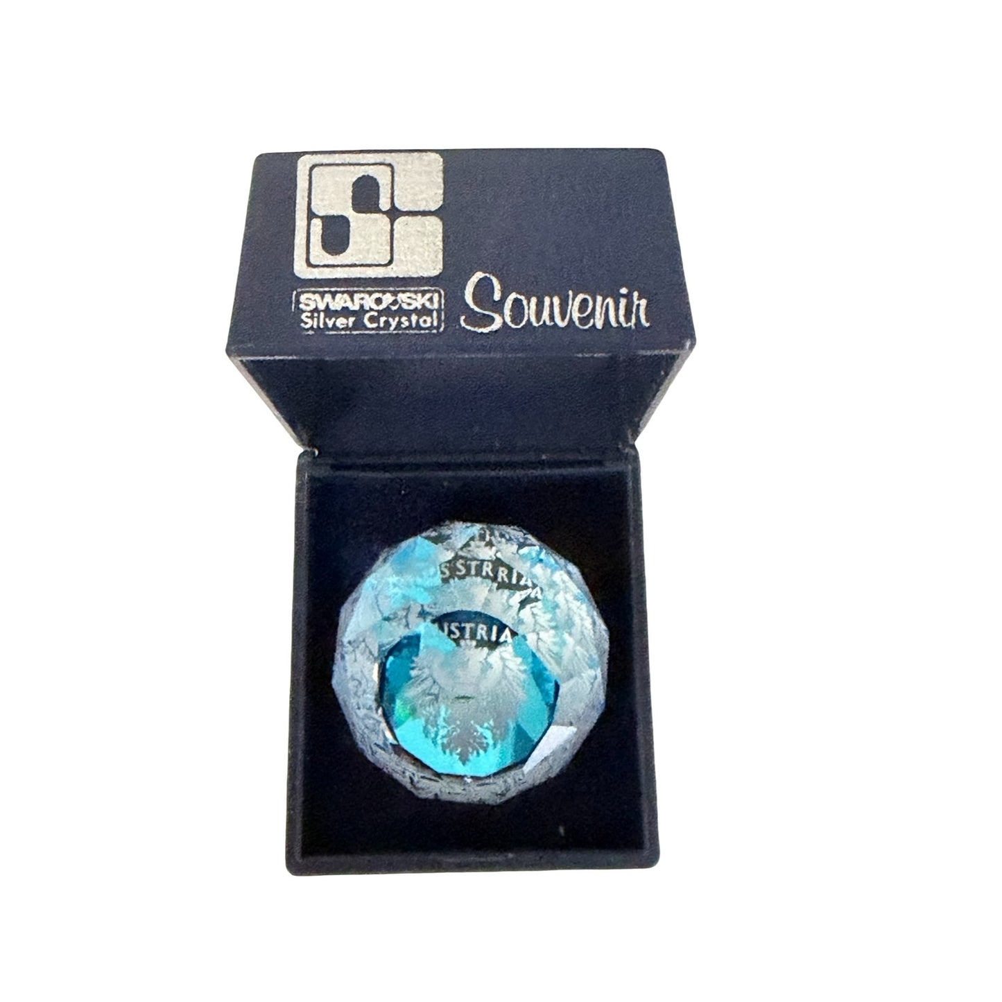 Vintage Swarovski Silver Crystal Austria Souvenir Blue Faceted Paperweight With Box