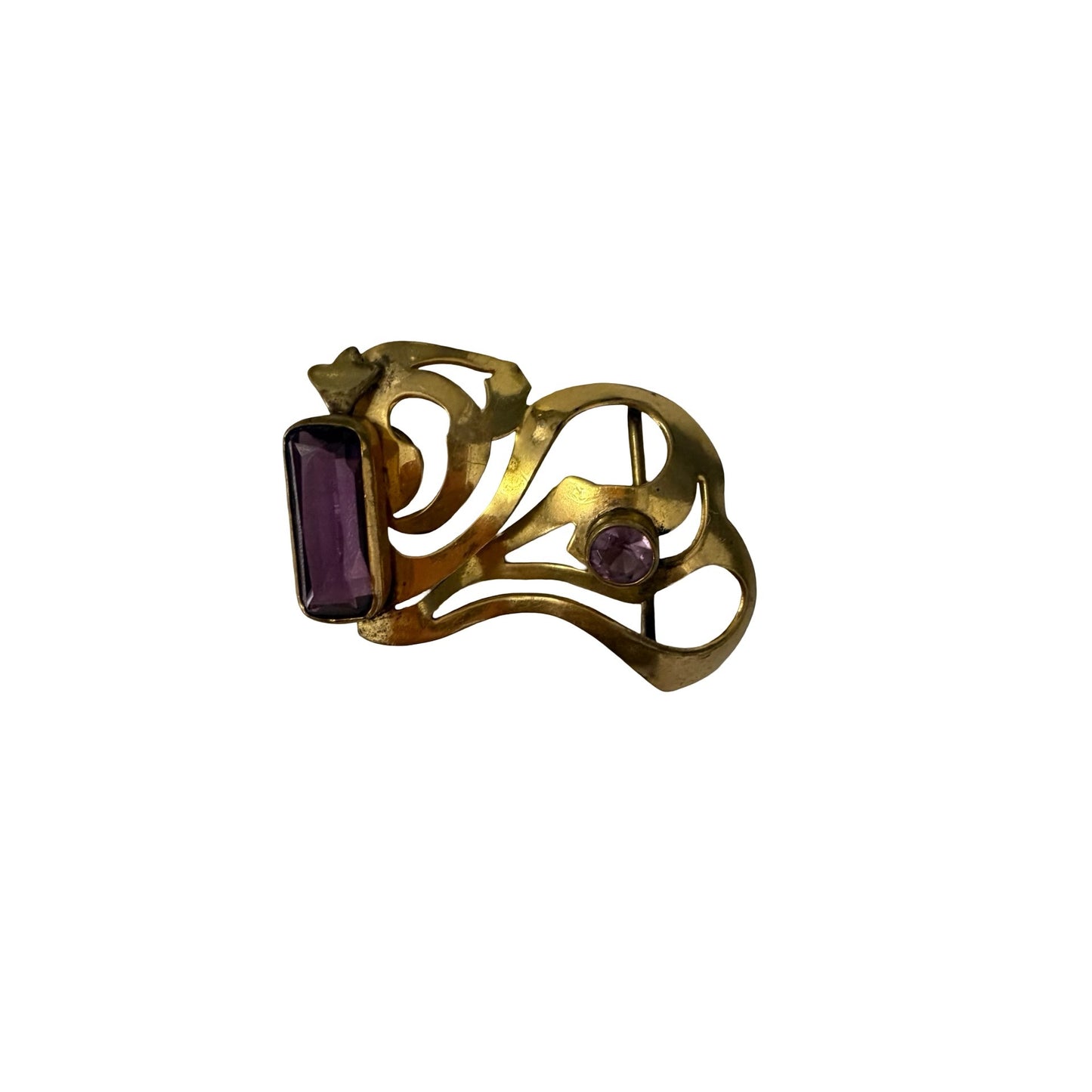 Vintage Art Nouveau Style Brass Scarf Clip Purple Glass Rhinestone Dress Clip
