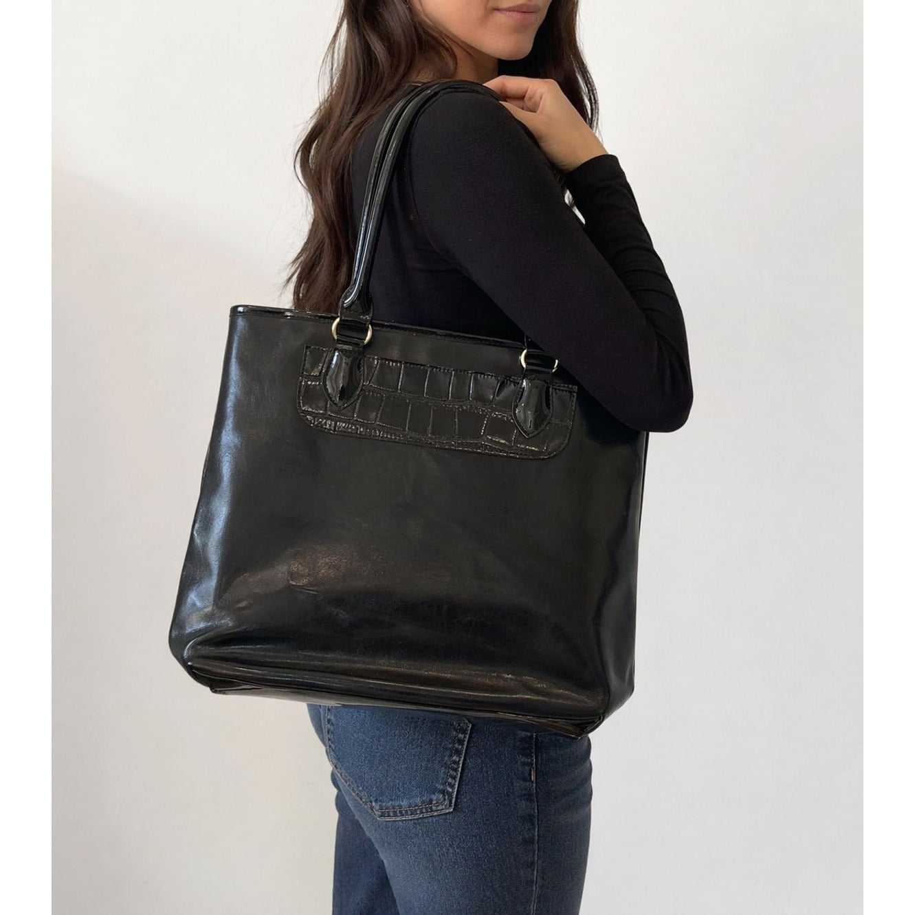 Vintage Estee Lauder Black Patent Tote Bag Croc Embossed GWP Cosmetic Promo Handbag