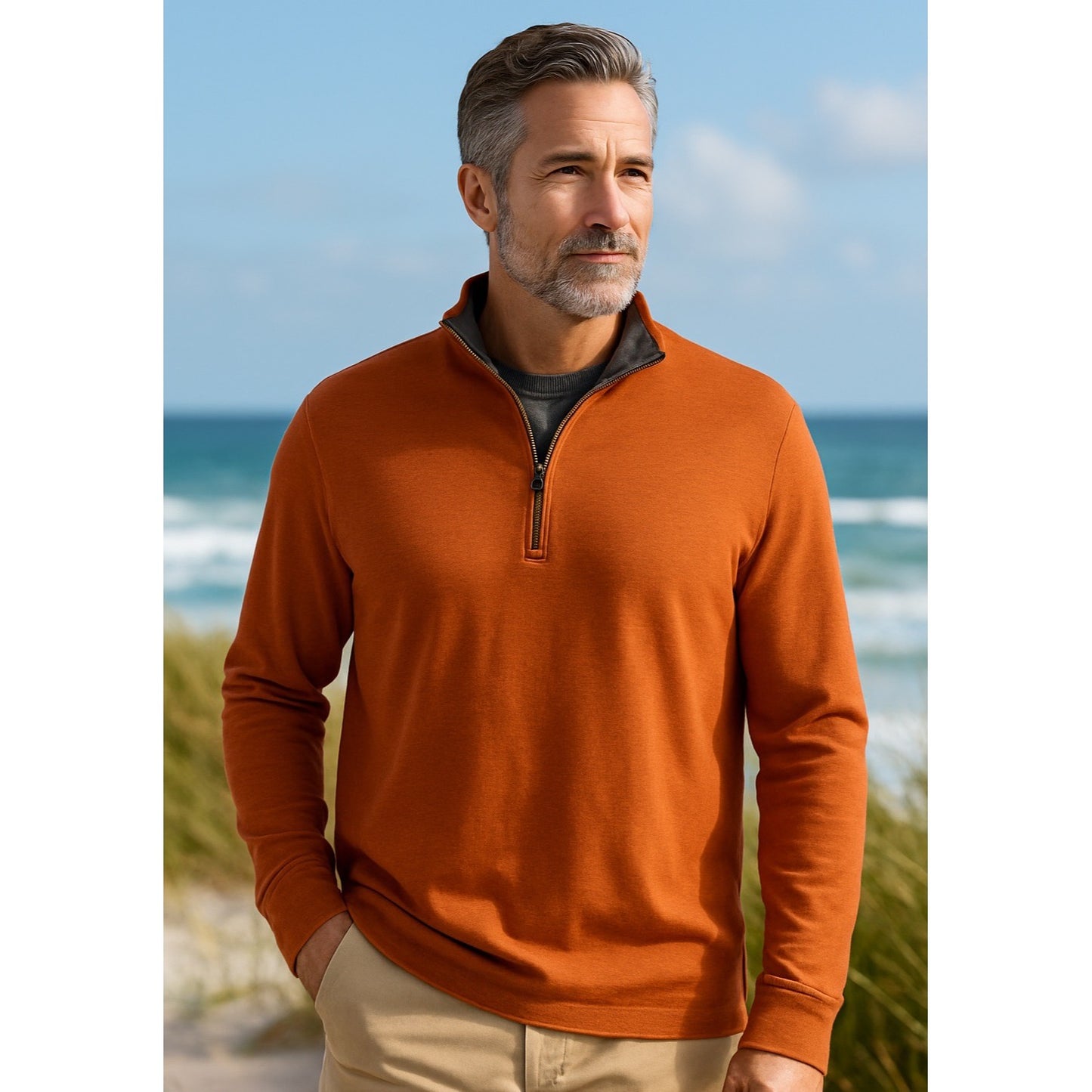 Cremeux Classics Men’s Quarter-Zip Pullover – Burnt Orange – Size L – Cotton Blend