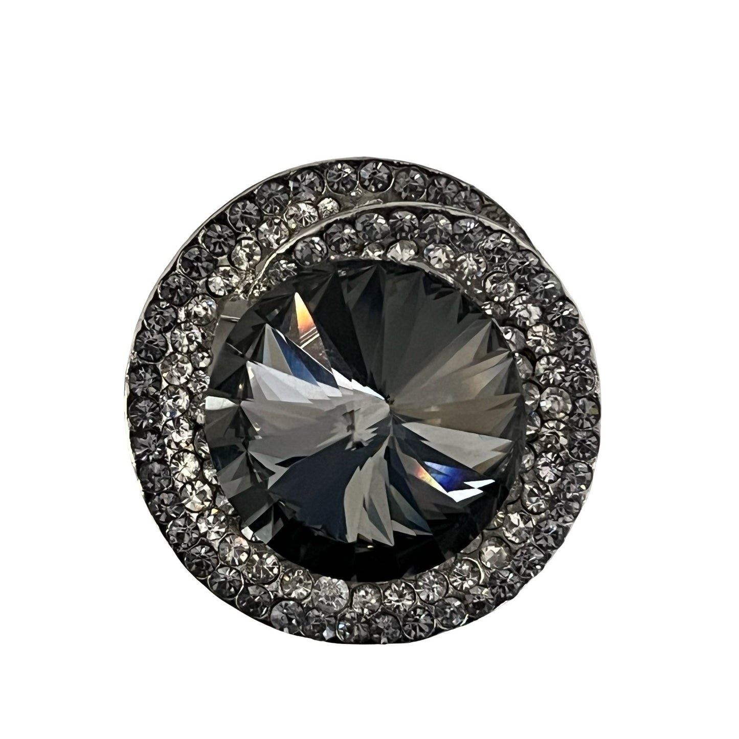 Vintage Rhinestone Brooch Large Gray Crystal Statement Round Silver Tone