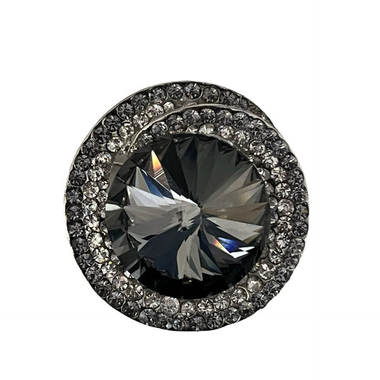 Vintage Rhinestone Brooch Large Gray Crystal Statement Round Silver Tone