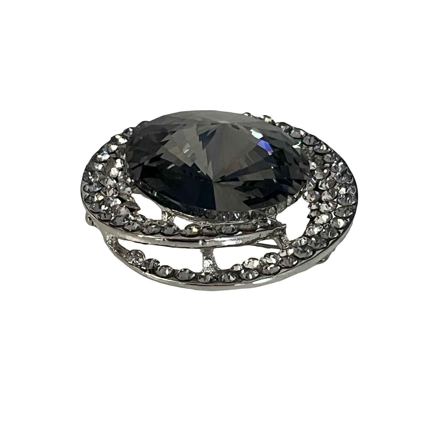 Vintage Rhinestone Brooch Large Gray Crystal Statement Round Silver Tone