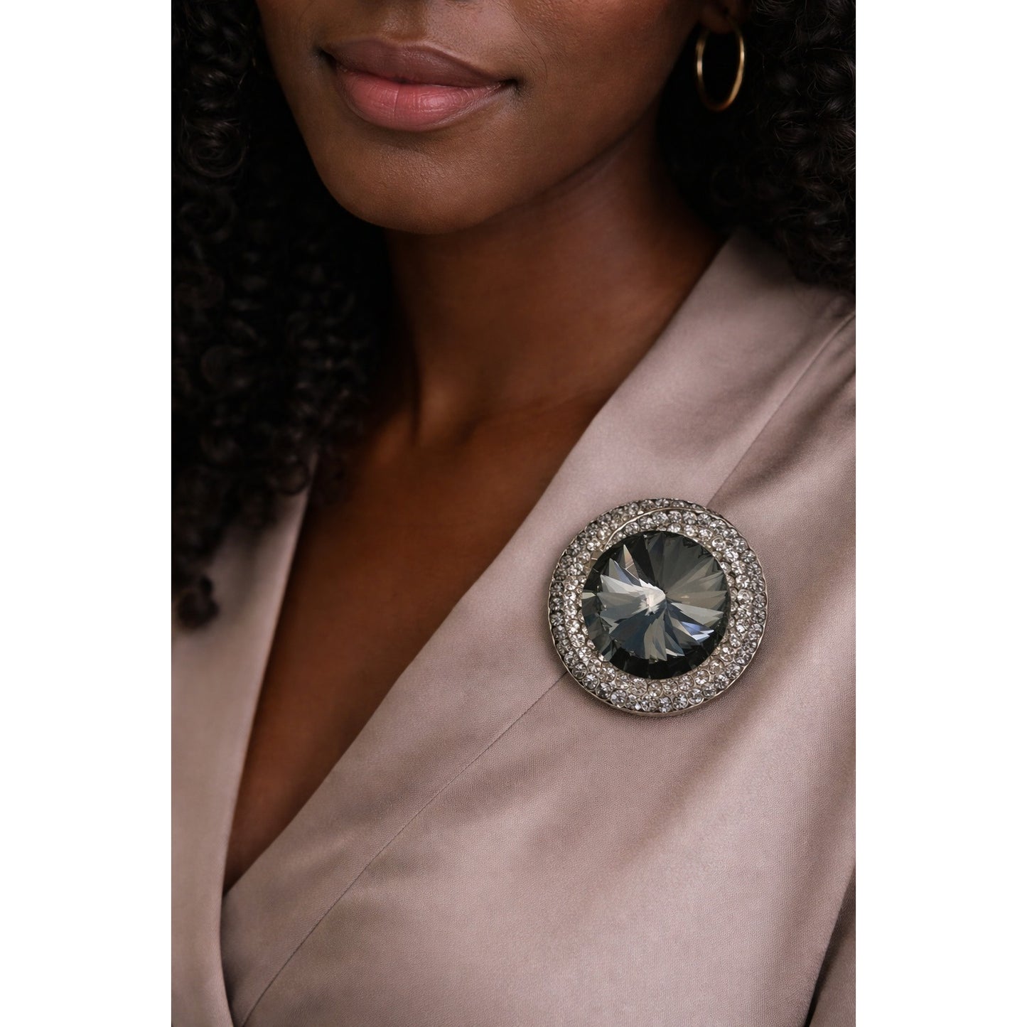 Vintage Rhinestone Brooch Large Gray Crystal Statement Round Silver Tone