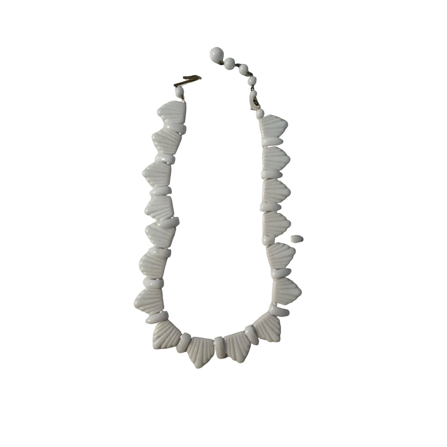 Vintage White Glass Beaded Necklace Shell Style Mid Century 14 Inch