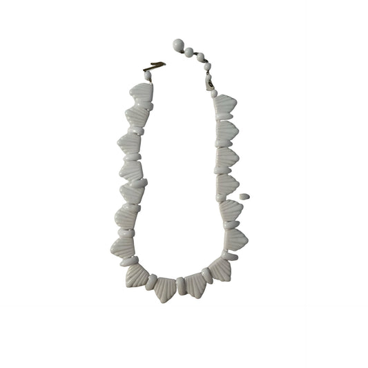 Vintage White Glass Beaded Necklace Shell Style Mid Century 14 Inch