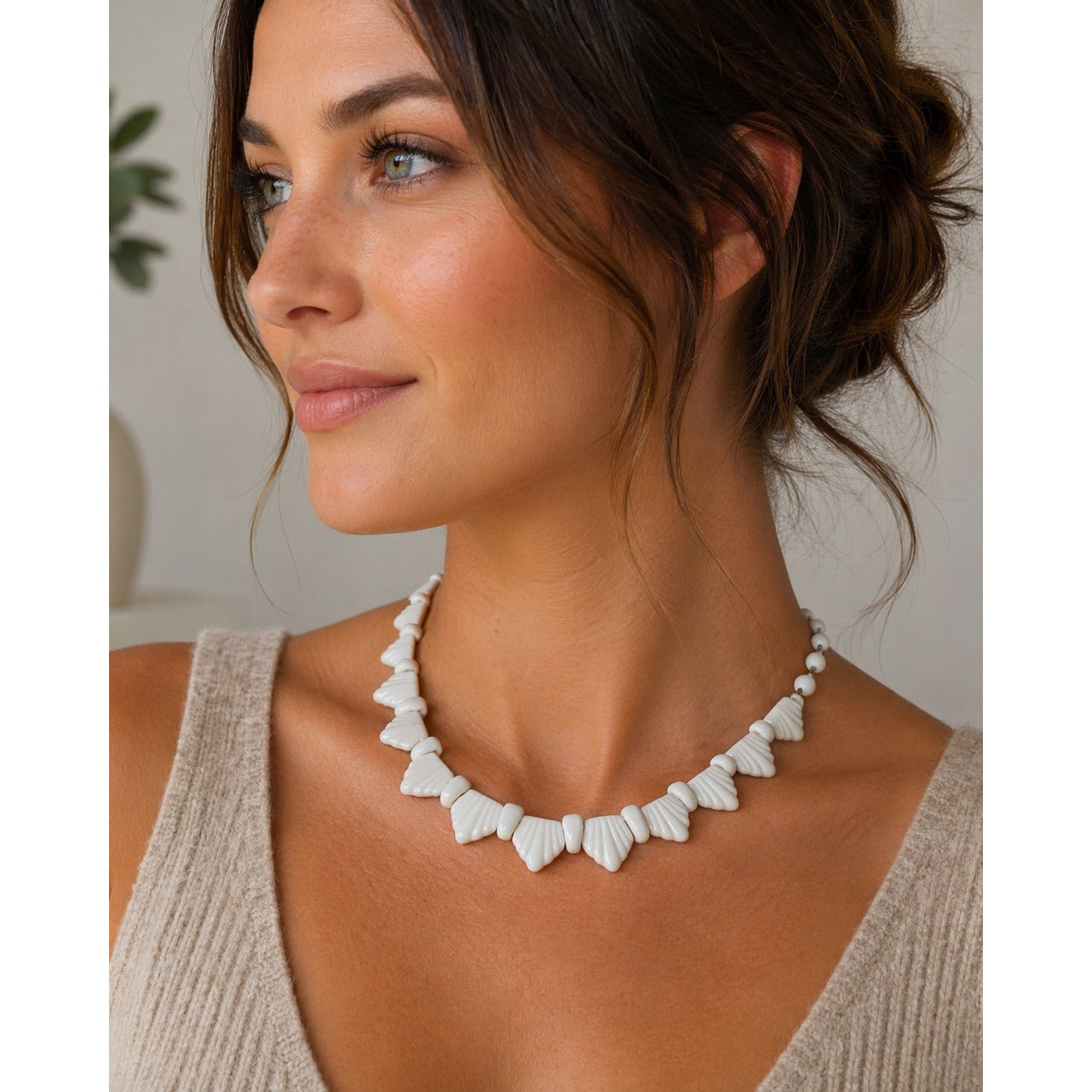 Vintage White Glass Beaded Necklace Shell Style Mid Century 14 Inch