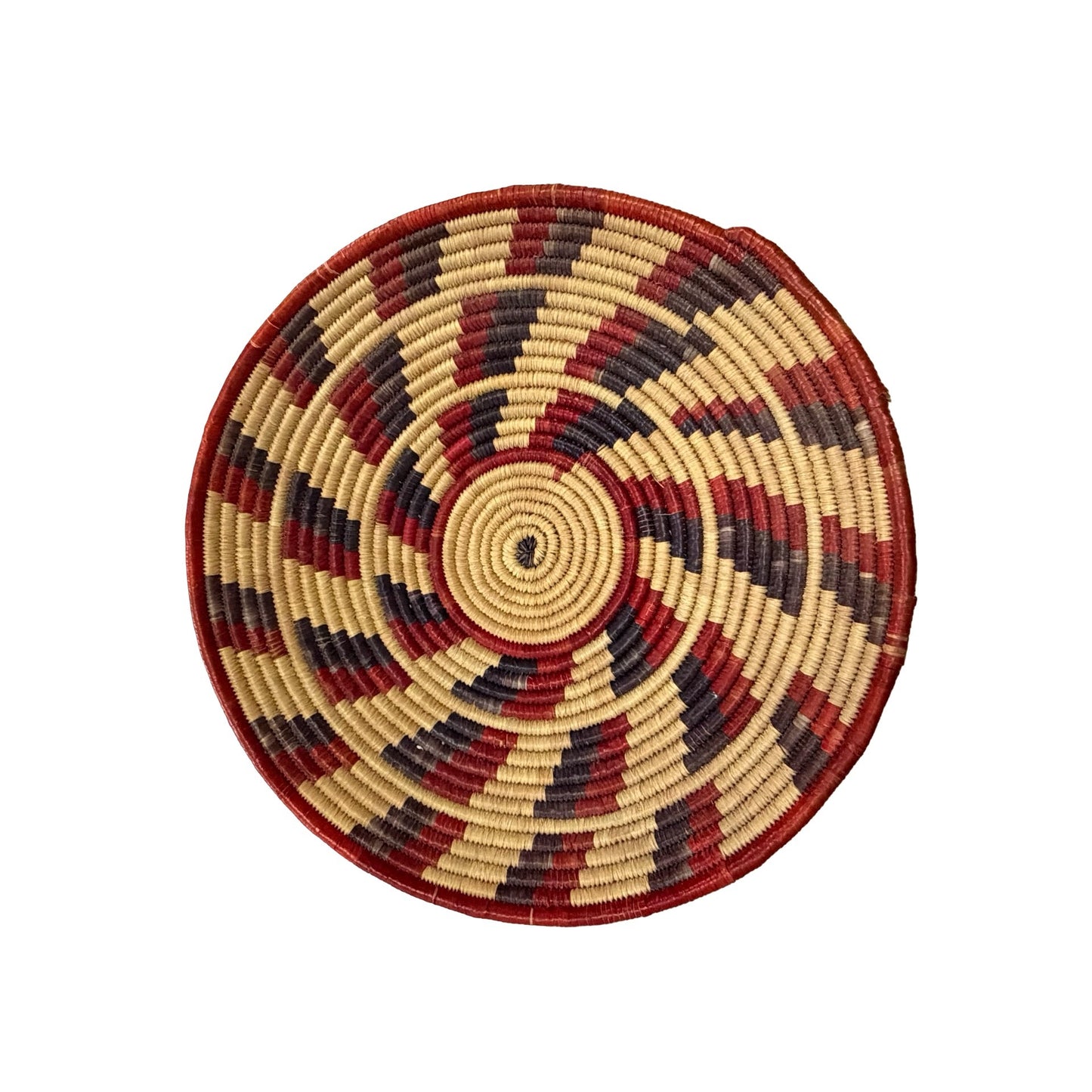 Vintage Handwoven Coil Basket Bowl Red Black Natural Geometric Pattern 14”