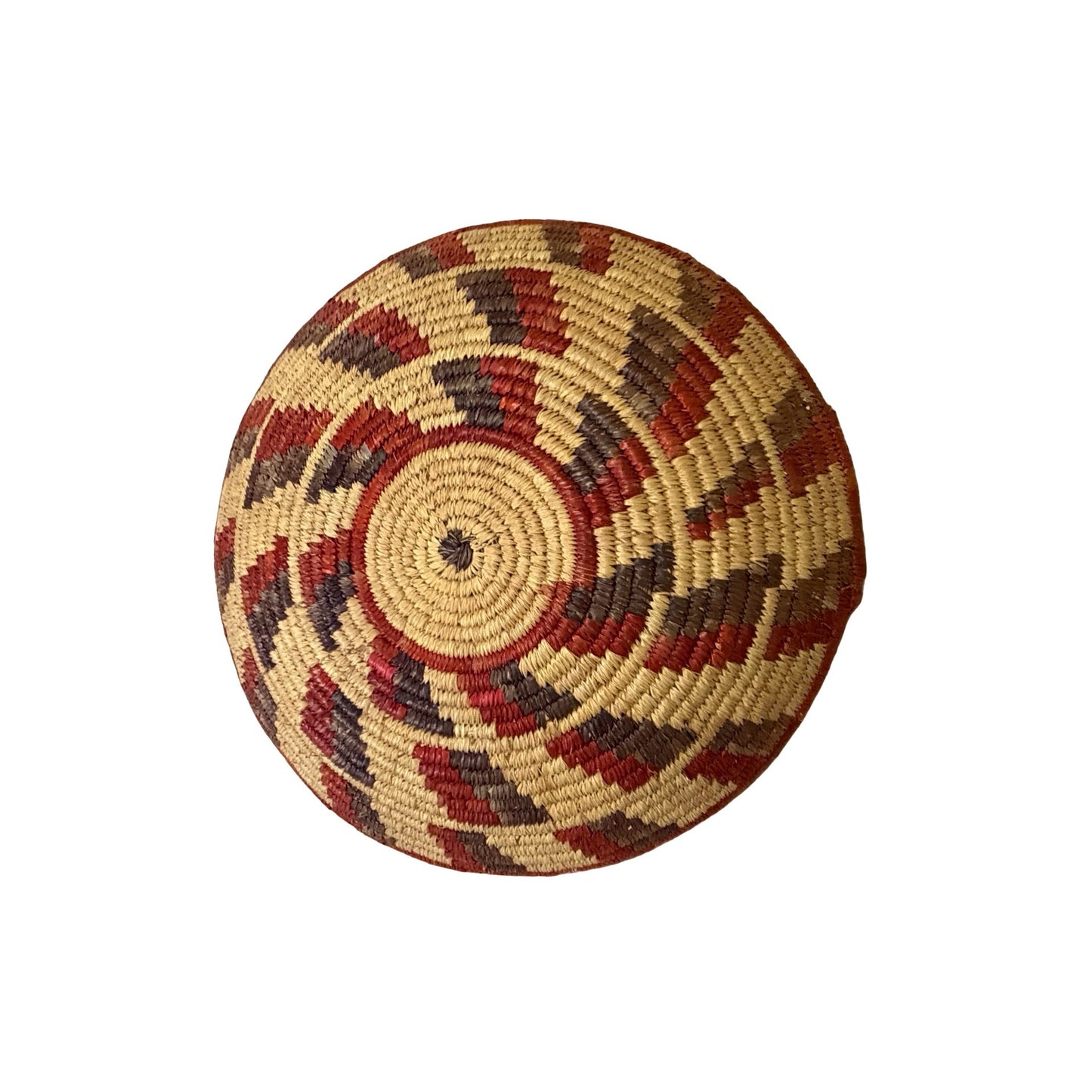 Vintage Handwoven Coil Basket Bowl Red Black Natural Geometric Pattern 14”