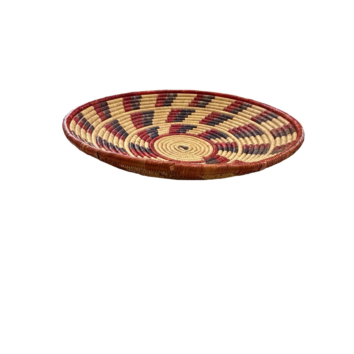 Vintage Handwoven Coil Basket Bowl Red Black Natural Geometric Pattern 14”