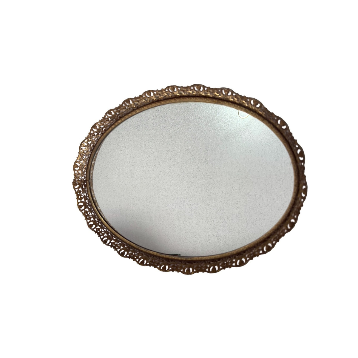 Vintage Oval Mirrored Vanity Dresser Tray Ornate Gold Tone Filigree 16x11