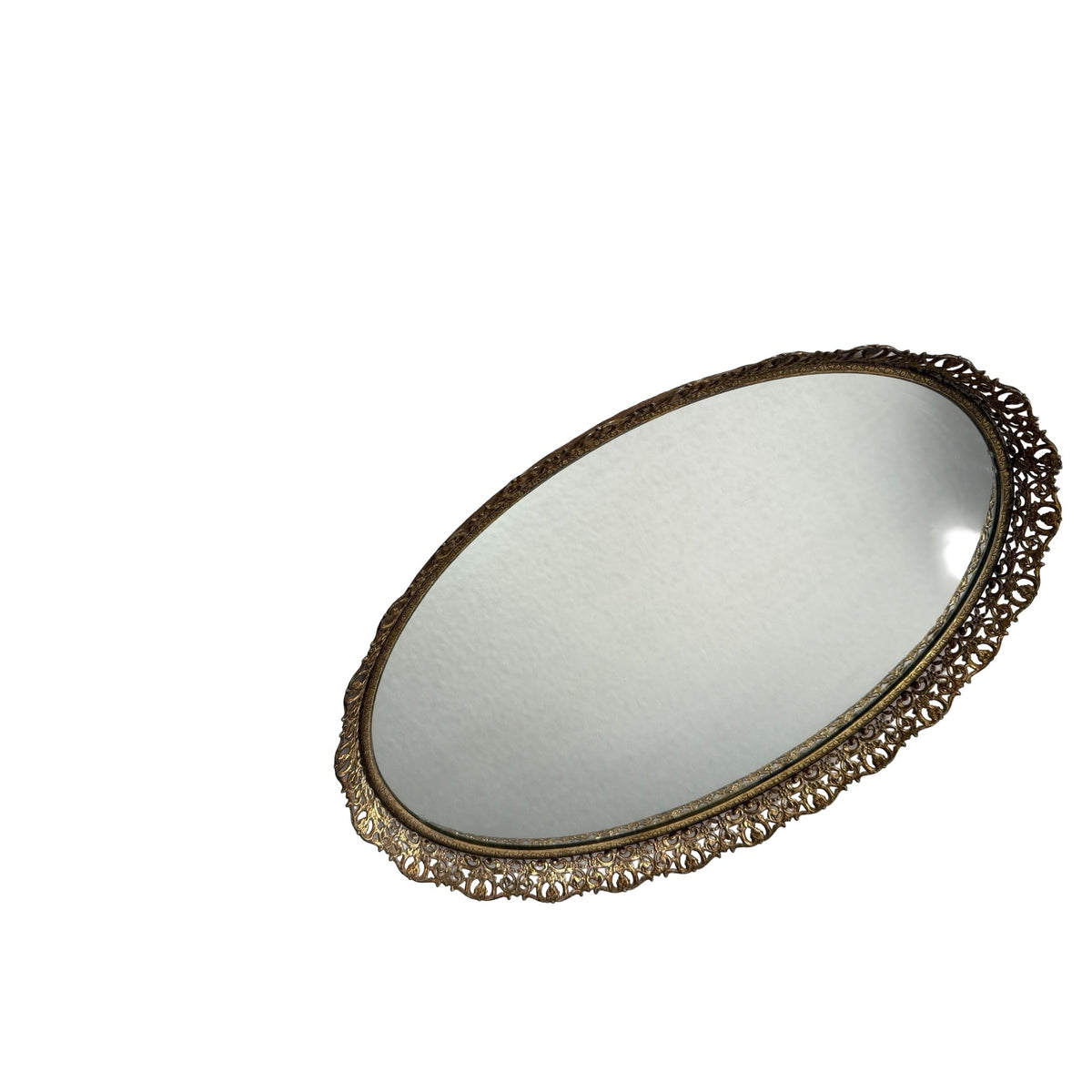 Vintage Oval Mirrored Vanity Dresser Tray Ornate Gold Tone Filigree 16x11