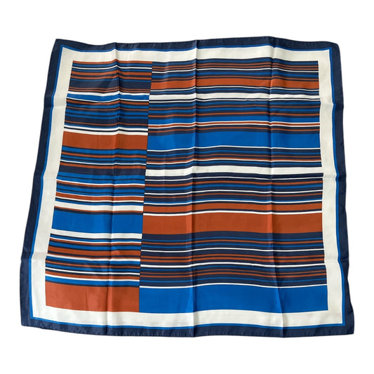 Vintage Intertex Japan Striped Scarf – Blue, Rust & White Geometric Square – 26” Silken Polyester