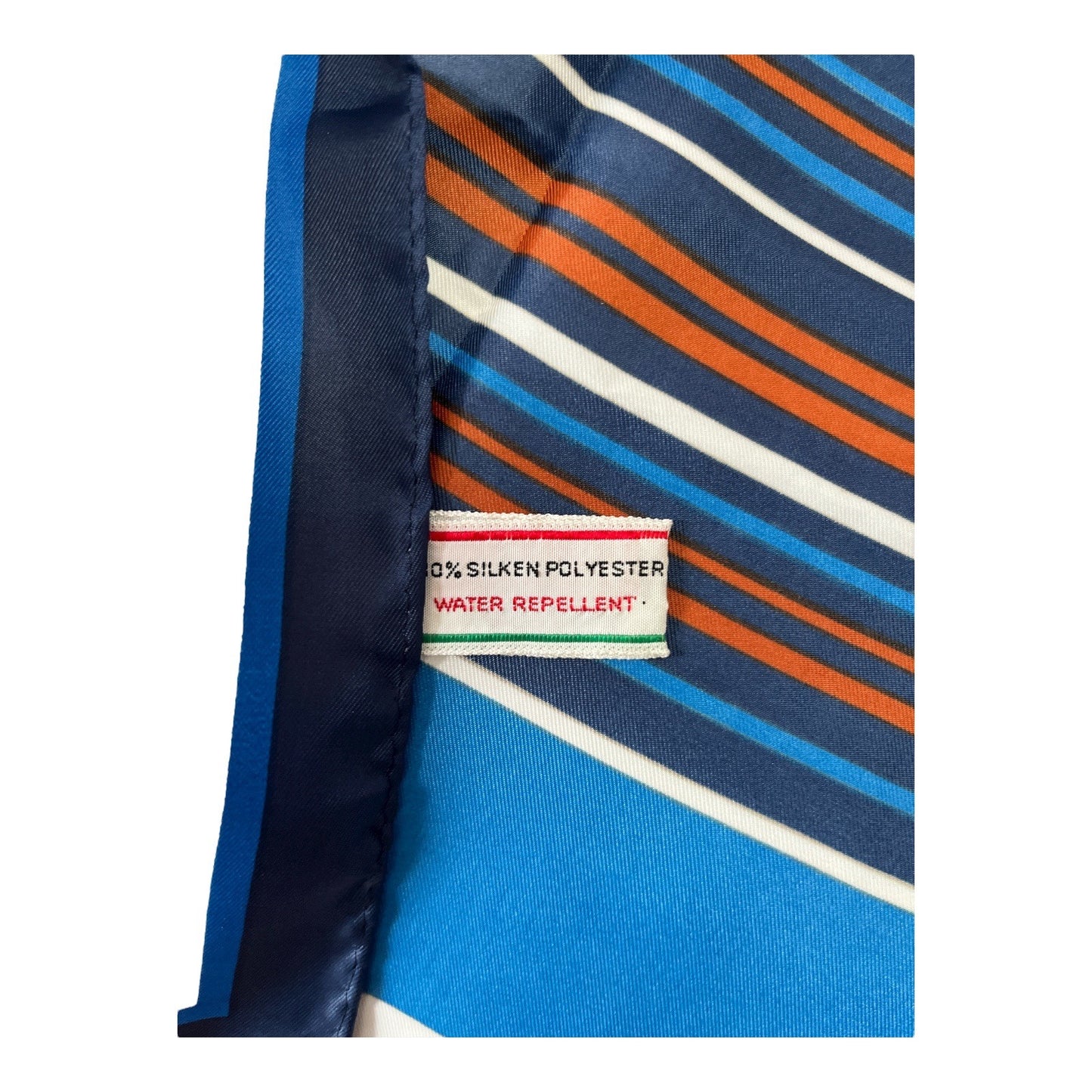 Vintage Intertex Japan Striped Scarf – Blue, Rust & White Geometric Square – 26” Silken Polyester