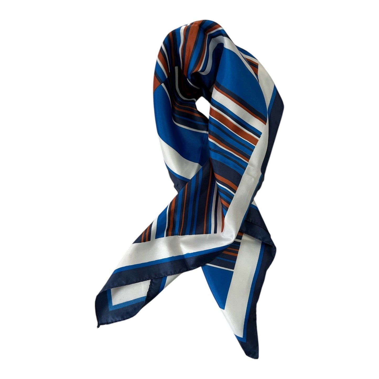 Vintage Intertex Japan Striped Scarf – Blue, Rust & White Geometric Square – 26” Silken Polyester