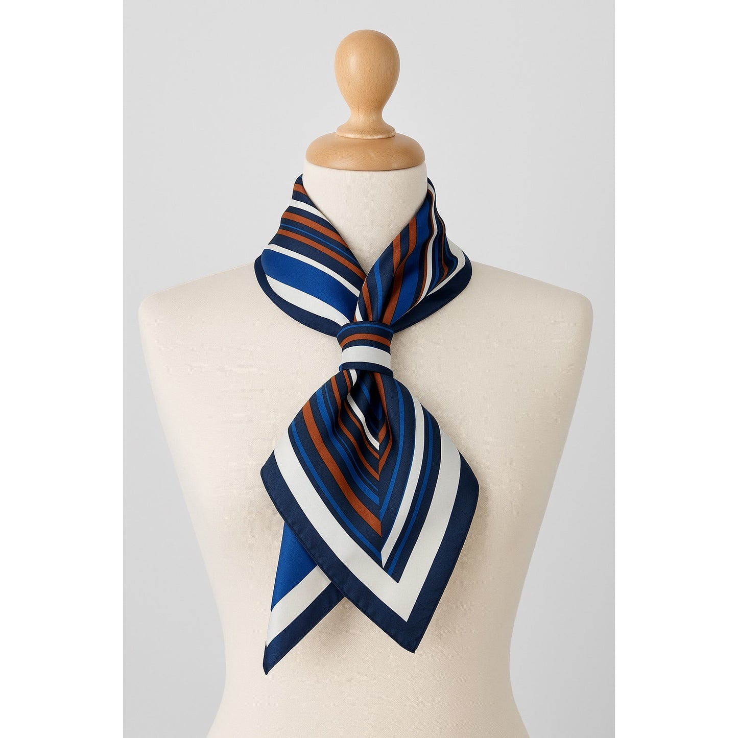 Vintage Intertex Japan Striped Scarf – Blue, Rust & White Geometric Square – 26” Silken Polyester