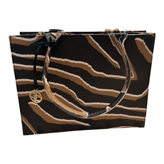Chico’s Tiger Stripe Structured Tote Bag – Animal Print, Faux Leather with Gold Logo Charm – 13.5 x 10.5 x 8” – 8” Drop