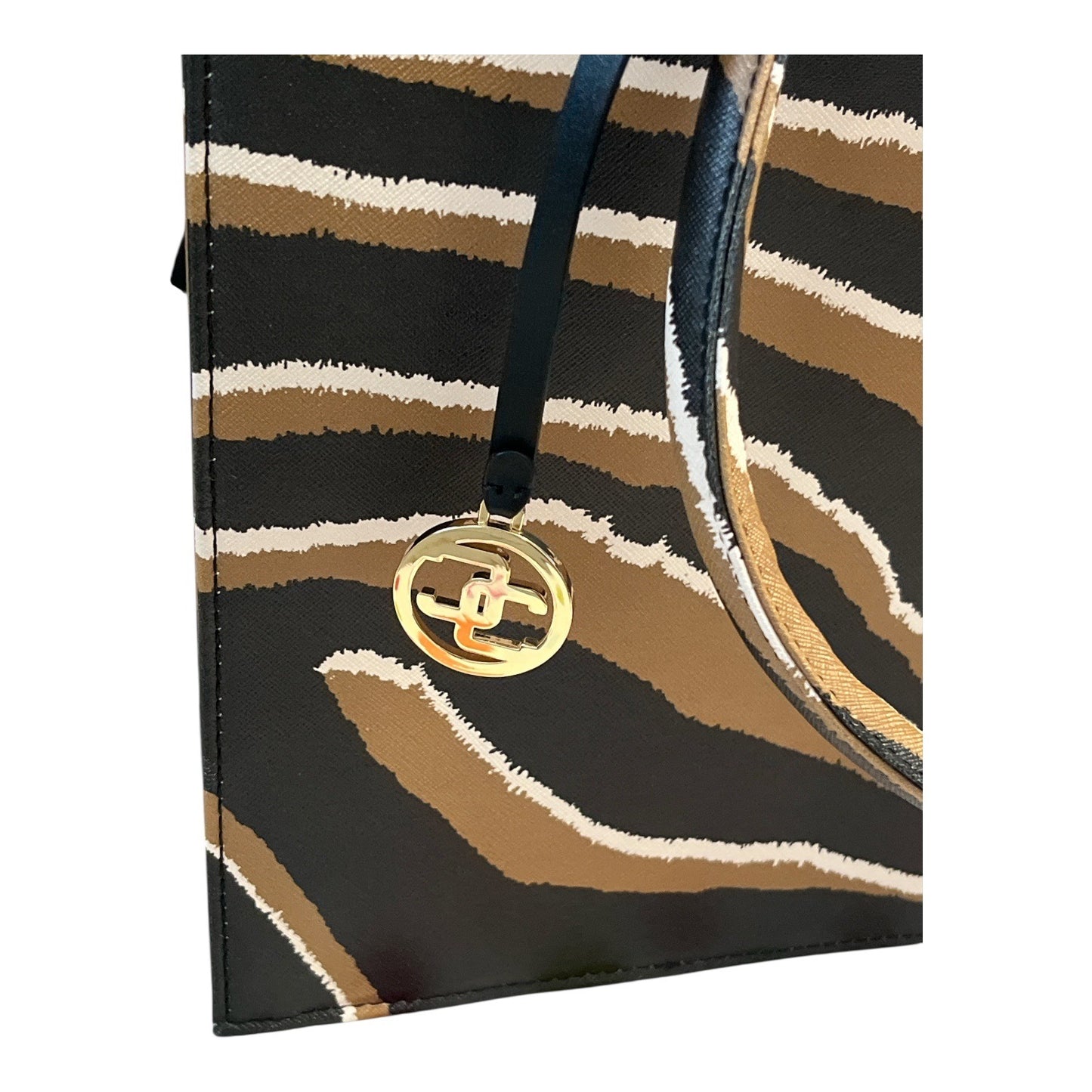 Chico’s Tiger Stripe Structured Tote Bag – Animal Print, Faux Leather with Gold Logo Charm – 13.5 x 10.5 x 8” – 8” Drop