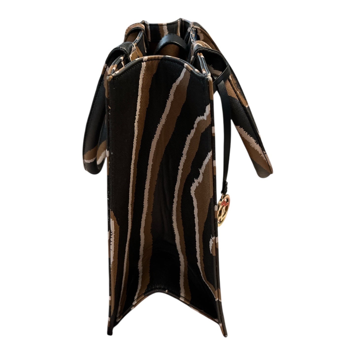 Chico’s Tiger Stripe Structured Tote Bag – Animal Print, Faux Leather with Gold Logo Charm – 13.5 x 10.5 x 8” – 8” Drop