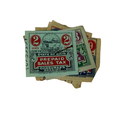 Vintage 1930s Ohio Prepaid Sales Tax Consumer Receipts Stapled Lot 2¢ 3¢ 9¢ 30¢
