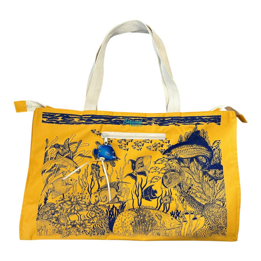 1990s Cozumel Mexico TropiCool Yellow Canvas Beach Bag with Fish Print and Fish Zipper Pull – Retro Tropical Tote 21" x 13.5" x 7.25"