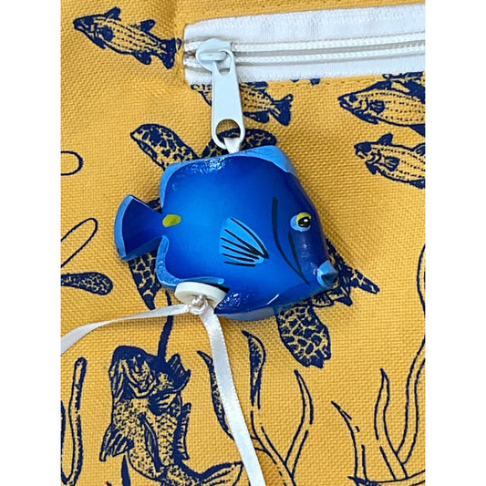 1990s Cozumel Mexico TropiCool Yellow Canvas Beach Bag with Fish Print and Fish Zipper Pull – Retro Tropical Tote 21" x 13.5" x 7.25"