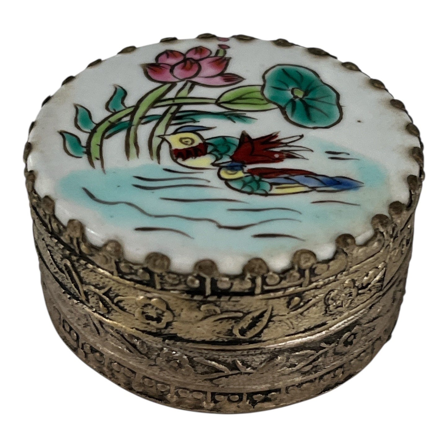 VTG Russ Berrie Hand Painted Trinket Box Porcelain Ducks Floral Lid 2”