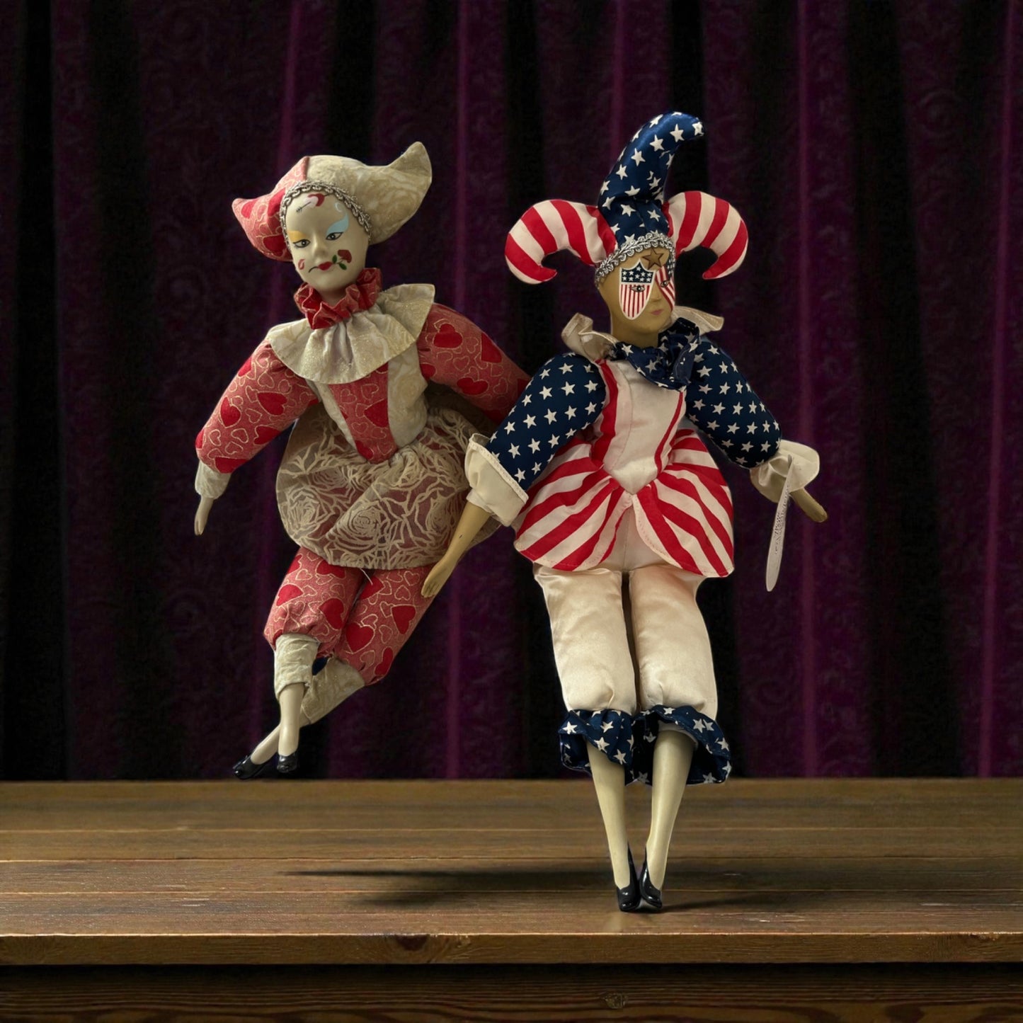 Vintage Sugar Loaf Good Stuff Jester Dolls Set Mardi Gras Valentine Hearts 16” Patriotic Flag 18”