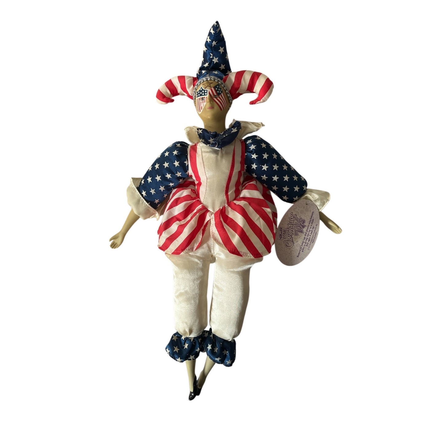 Vintage Sugar Loaf Good Stuff Jester Dolls Set Mardi Gras Valentine Hearts 16” Patriotic Flag 18”