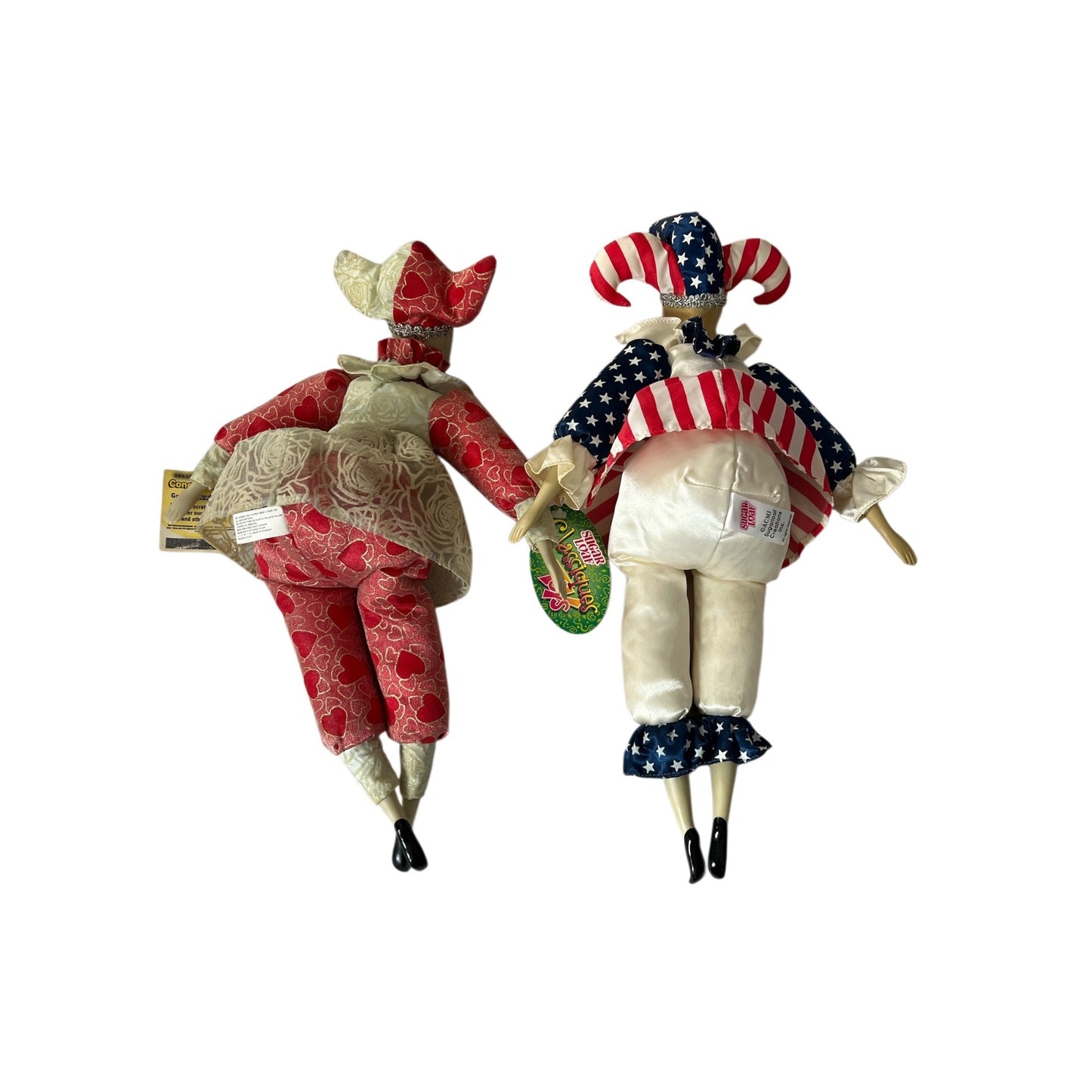 Vintage Sugar Loaf Good Stuff Jester Dolls Set Mardi Gras Valentine Hearts 16” Patriotic Flag 18”