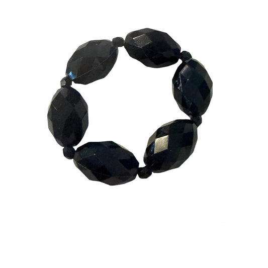 Vintage Black Faceted Bead Stretch Bracelet Chunky Statement Costume Jewelry