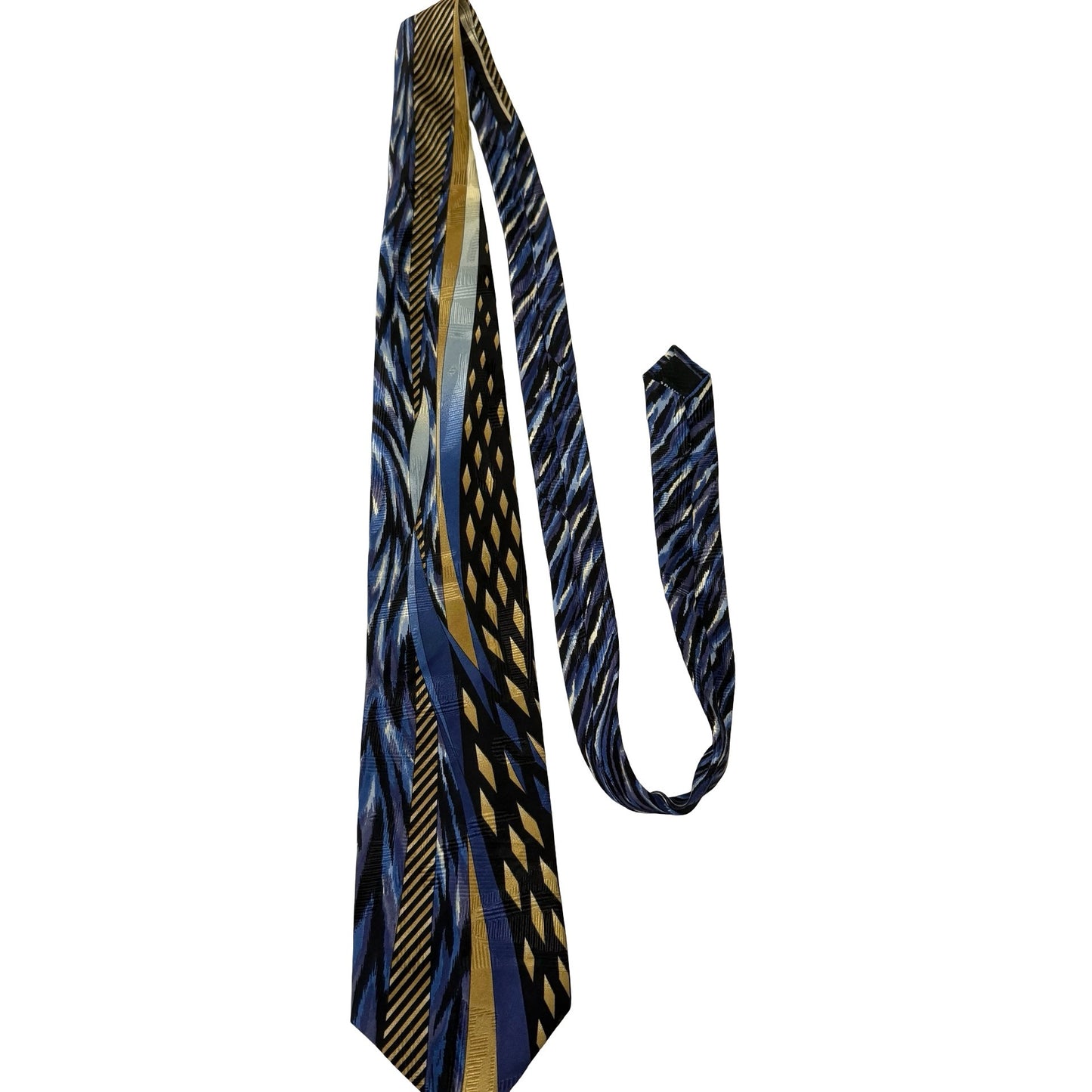 Vintage Vitaliano Pancaldi Italian Silk Necktie Blue Black Gold Abstract Geometric Tie