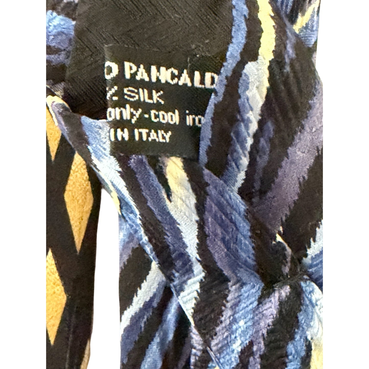 Vintage Vitaliano Pancaldi Italian Silk Necktie Blue Black Gold Abstract Geometric Tie