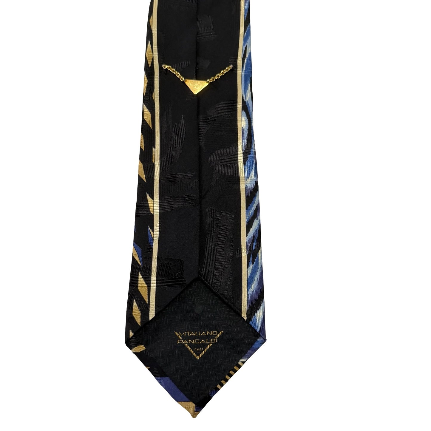 Vintage Vitaliano Pancaldi Italian Silk Necktie Blue Black Gold Abstract Geometric Tie
