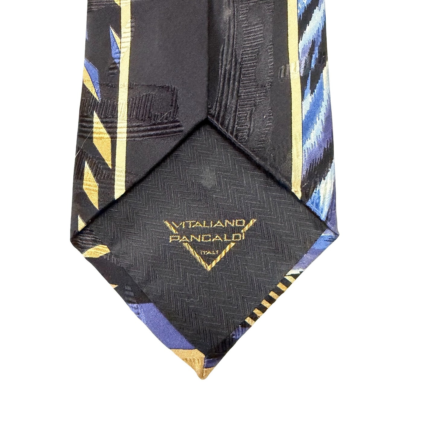 Vintage Vitaliano Pancaldi Italian Silk Necktie Blue Black Gold Abstract Geometric Tie