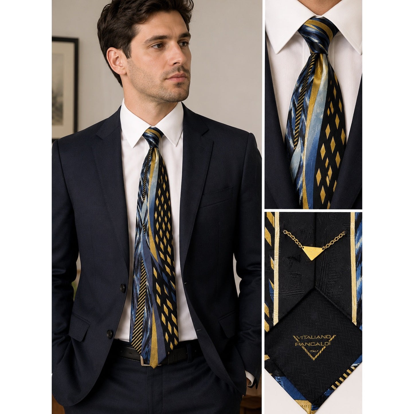 Vintage Vitaliano Pancaldi Italian Silk Necktie Blue Black Gold Abstract Geometric Tie