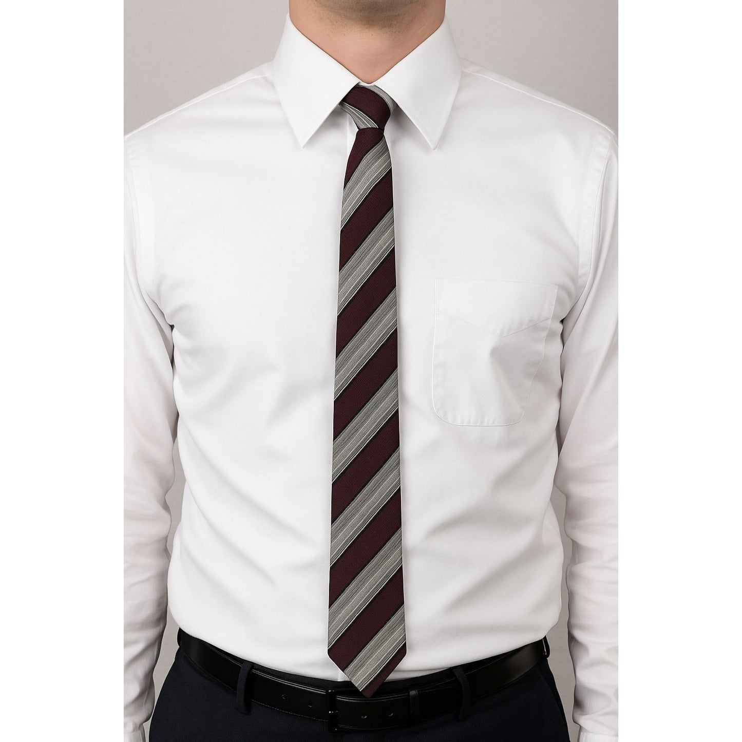 Vintage Men’s Striped Tie – Gray and Burgundy Diagonal Pattern – 100% Dacron Polyester