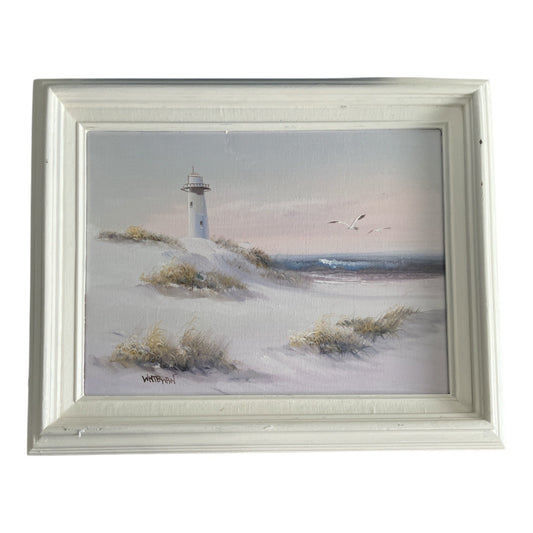 VTG Coastal Lighthouse Painting Signed Whiteman 15 x 11