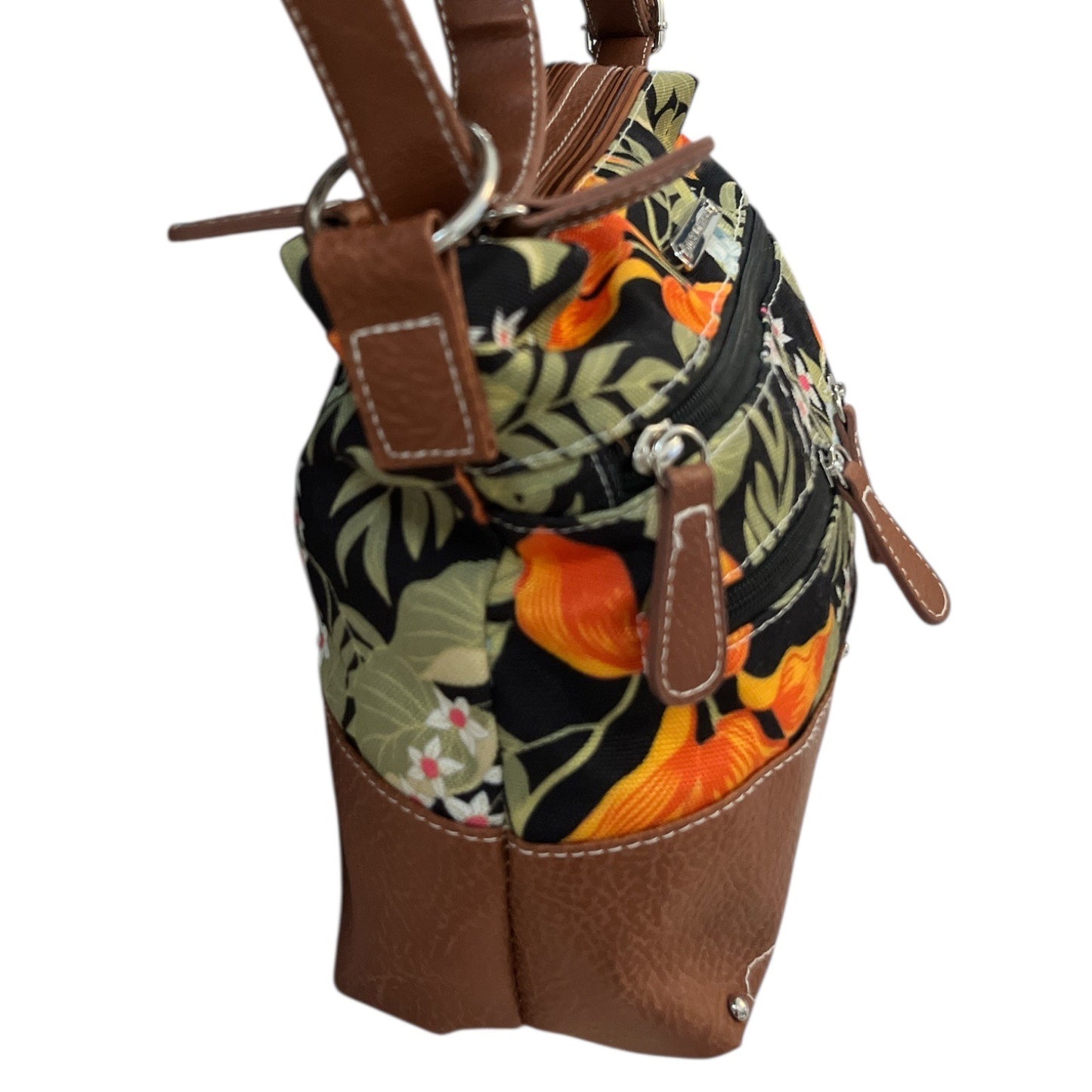Stone Mountain Faux Leather Shoulder Bag Brown Floral Lining – 12x9x3 – Vegan Leather Tote (2000s–2010s)