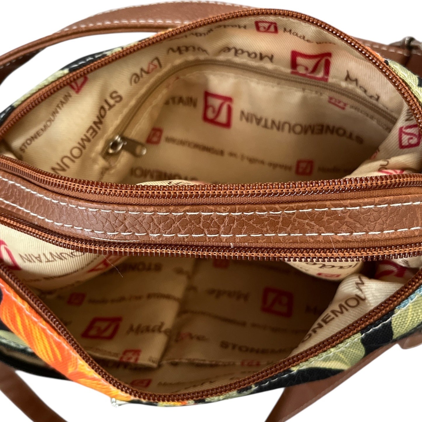 Stone Mountain Faux Leather Shoulder Bag Brown Floral Lining – 12x9x3 – Vegan Leather Tote (2000s–2010s)