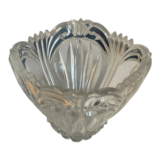 Vintage Pressed Glass Candy or Sauce Bowl – Ornate Fan & Feather Design – Scalloped Rim – Starburst Base