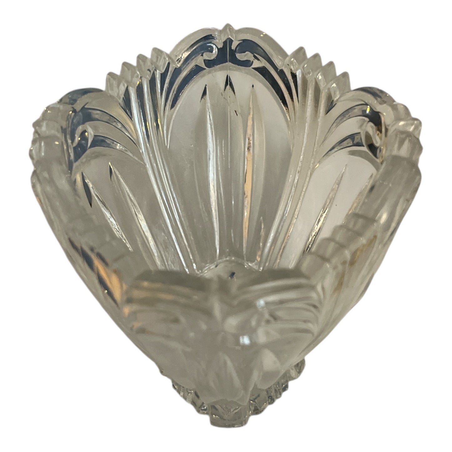 Vintage Pressed Glass Candy or Sauce Bowl – Ornate Fan & Feather Design – Scalloped Rim – Starburst Base
